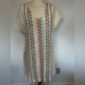 Cream Embroidered Midi Dress with Pink & Blue Accents